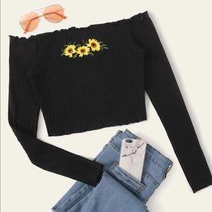 Sunflower Embroidered Off the Shoulder Crop Top